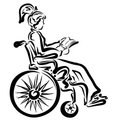 Fototapeta na wymiar girl in a wheelchair is reading a book or browsing an album