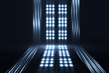 Empty dark abstract background. Background of empty show scene. Glow of neon lights on an empty...