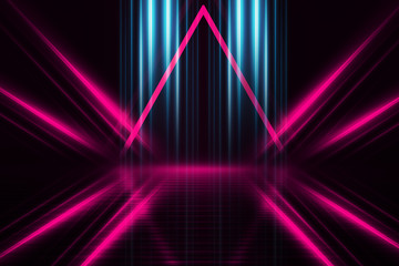 Empty dark abstract background. Background of empty show scene. Glow of neon lights on an empty...