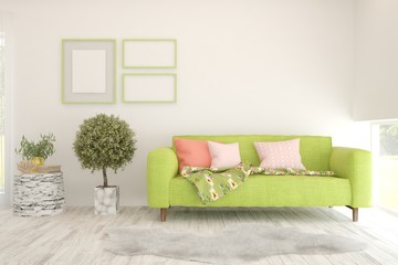 Stylish room in white color with sofa. Scandinavian interior design. 3D illustration