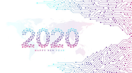 Obraz premium Text design Christmas and Happy new year 2020. Graphic background communication 2020. Connected lines with dots. Computer motherboard vector background with circuit board electronic elements