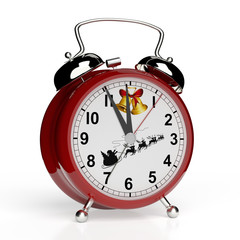 It's christmas time. Alarm clock isolated on white background. 3D rendering.