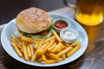 cold beer and delicious hamburger