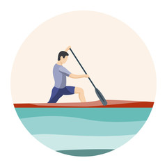 thlete of rowing in sports canoe with paddle on plain background. Sport icon. Male cartoon character competes in rowing competitions.  Flat vector illustration.