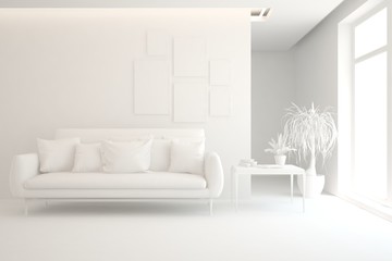 Mock up of stylish room in white color with sofa. Scandinavian interior design. 3D illustration