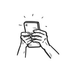 Human hands holding smartphone. Using mobile service concept. Hand drawn sketch style. Online sale, order online. Vector illustration.