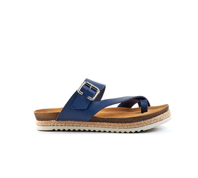 Blue Leather Men's Summer Sandals Isolate On A White Background, Side View.