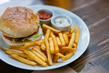 Delicious hamburger and French fries