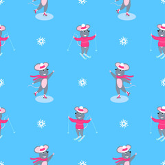 A set of mice. Little mouse. Rats. Winter fun. Skiing, ice skating. Symbol of Chinese New Year 2020. Christmas seamless pattern