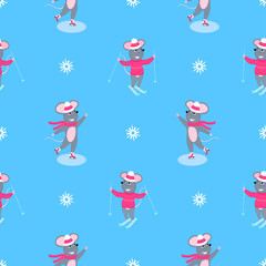 A set of mice. Little mouse. Rats. Winter fun. Skiing, ice skating. Symbol of Chinese New Year 2020. Christmas seamless pattern