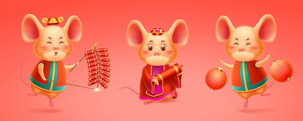 Rat celebrating 2020 chinese new year or mouse with hat and fireworks, red lantern or salute, kite. Korea and vietnam, singapore festival or asian festive, china celebration. Boy and girl mice. Lunar