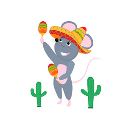Cartoon mouse in sombrero with maracas. Funny rat. Mice. Symbol of Chinese New Year 2020.