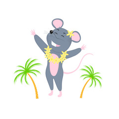 Cartoon mouse in a garland of flowers. Funny rat. Mice. Symbol of Chinese New Year 2020.
