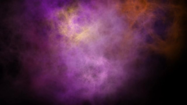 Abstract multicolor smoke explosion animation. Top camera view from above of 3D smoke explosion effect isolated on black background.