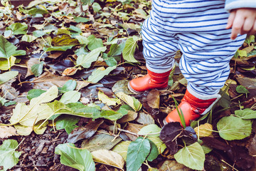 Baby girl with red water boots on dry autumn leaves in winter.