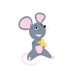 Cartoon mouse with cheese. Funny rat. Mice. Symbol of Chinese New Year 2020.