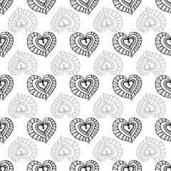 Romantic cute seamless pattern with hearts. Vector. Doodle style. Decorative Hand drawing background. Valentine day. Black, white. For packaging paper, fabric