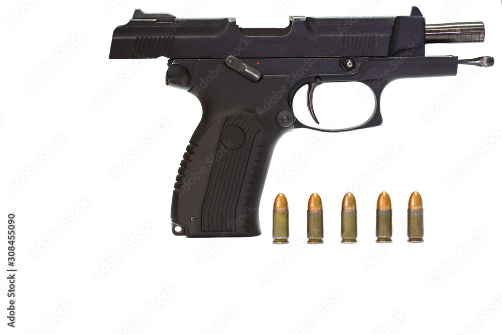 Wall mural isolated combat black pistol with cartridges on a white background