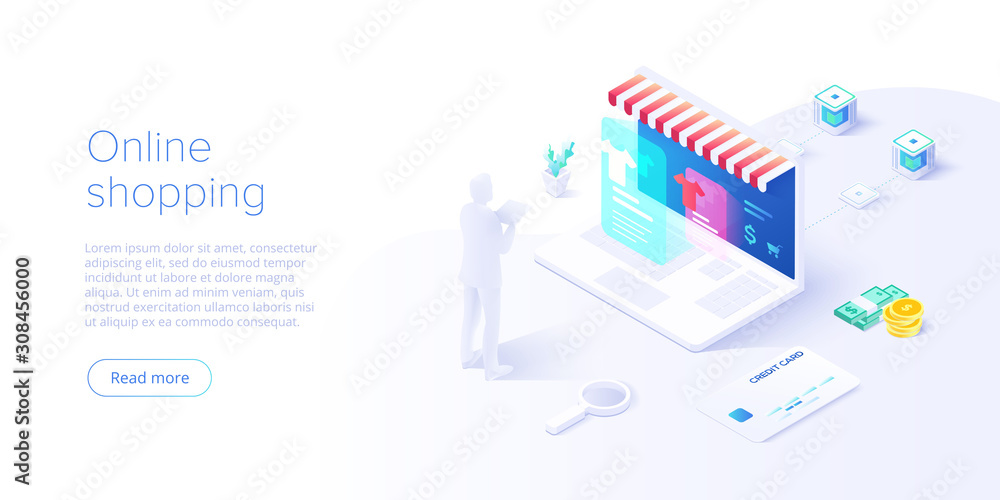 Poster online shopping or e-commerce isometric vector illustration. internet store checkput procedure conce