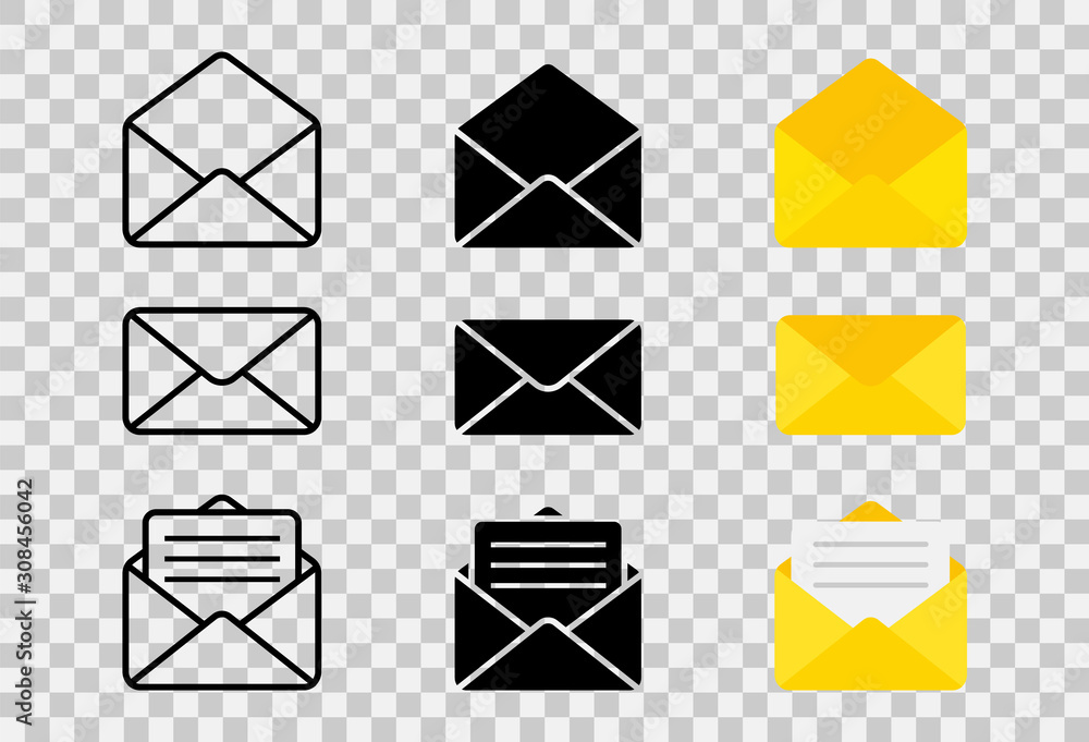 Poster mail or email icon. envelope icons set in different views. opened and closed envelope with note pape