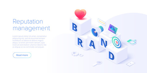 Building brand strategy in isometric vector illustration. Identity marketing and reputation management. Brand persona creation. Web banner layout template.