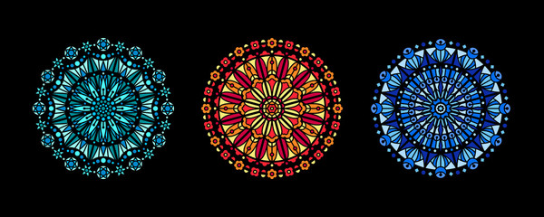 Stained glass illustration collection, circle shape pattern, rose window mandala ornament, tracery. Round frames set, radial floral motive design element. Colorful mosaic decoration, background