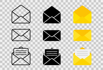 Mail or Email icon. Envelope icons set in different views. Opened and closed envelope with note paper. Paper document enclosed in an envelope. Newsletter icon, Message icon