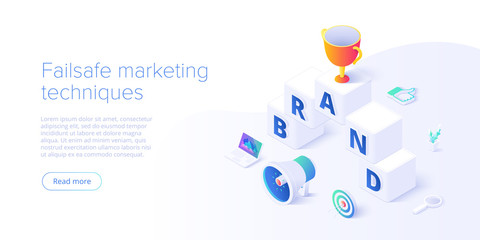Building brand strategy in isometric vector illustration. Identity marketing and reputation management. Brand persona creation. Web banner layout template.