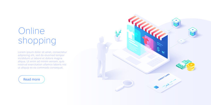 Online shopping or e-commerce isometric vector illustration. Internet store checkput procedure concept with smartphone and bag. Credit card payment transaction via app.