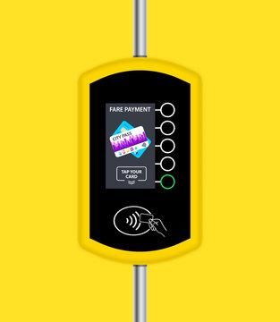 Fare payment. Card ticket validation scanning display. Wireless contactless cashless payments. Validator fare payment. Terminal for passenger transport card