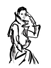 Fashion sketch woman in a raincoat. fashion. beauty