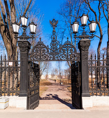 The Main Gate of the Summer Garden with lanterns. Kronshtadt, Saint Petersburg, Russia
