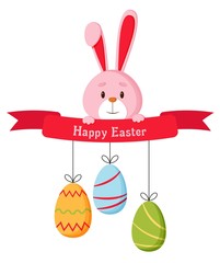 Easter Bunny and painted eggs. Template for Easter card, print, isolated on white background.