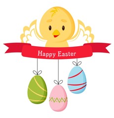 Easter eggs and chicken. Template for Easter card, print, isolated on white background.