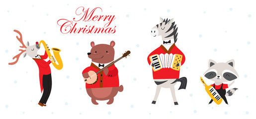 Happy New Year. Stylish card or poster with cute animal band in cartoon style.Vector illustration with animal musicians in music festival.