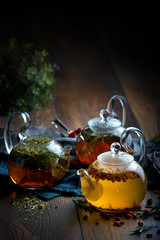 herbal teas in glass teapots