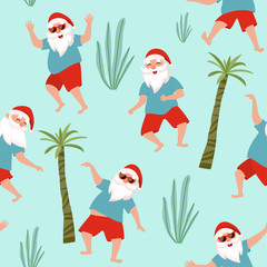 Tropical pattern with dancing Santa. Vector seamless texture.