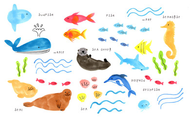 手描きの海の生き物イラスト　海　手描き　動物　ラッコ　マンボウ　くじら　アザラシ　魚　タツノオトシゴ　白背景　ラフ　ざっくり　夏　爽やか　おしゃれ　絵本　かわいい　ほっこり