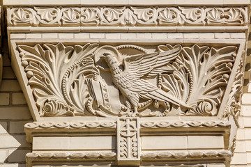 Decorative stone detail on the facade of the Navy Cathedral of St. Nicholas in Kronstadt, St. Petersburg, Russia