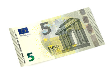 New banknote 5 (five) euros. Isolate, close-up. 5 euro banknote isolated on white background. Five Euro banknote isolated on white. View from above. - obrazy, fototapety, plakaty