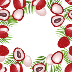 Tropical background frame with lychee and palm leaves