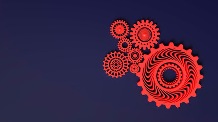 3d rendering. Composition of red gears symbolizing cooperation and teamwork. Cogwheels for websites or business design banners. Place for text. Red gears on dark blue background