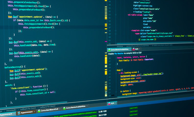 Program code Javascript, HTML, CSS of site. Web development. Programmer workflow. Source code script