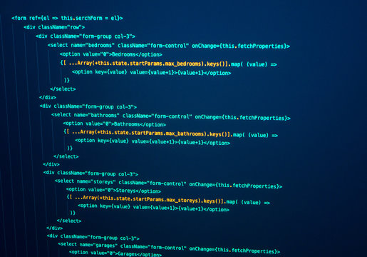 Javascript React code. Software source code. Programming code on computer screen.Technology background