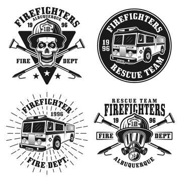 Firefighters set of four vector emblems or badges