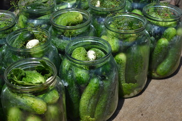 Blanks for the winter. Homemade. Natural products. Village. Cucumbers in jars. Pepper. Horizontal