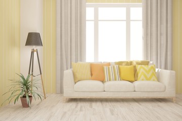 Stylish room in yellow color with sofa. Scandinavian interior design. 3D illustration