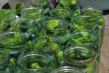 Natural products from the garden. Village, cottage, farm, cellar. Homemade food. Preservation, Spice. Blanks for the winter. Marinated. Cucumbers in jars