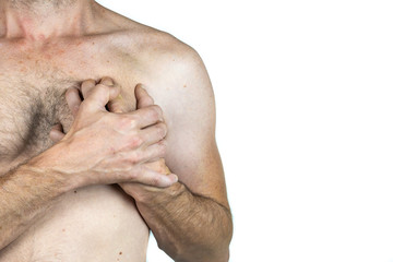 half body of man without shirt with two hands in the heart, isolated on White background