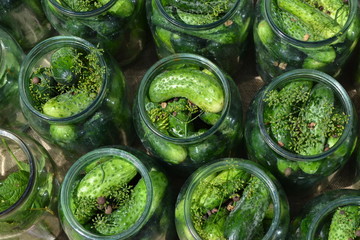 Natural products. Preservation, Spice. Blanks. Marinated. Cucumbers in jars